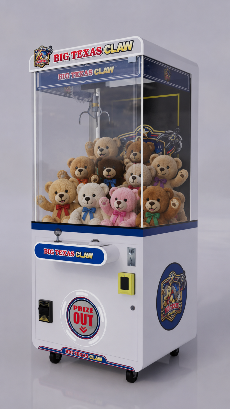White Big Texas Claw machine filled with teddy bear prizes